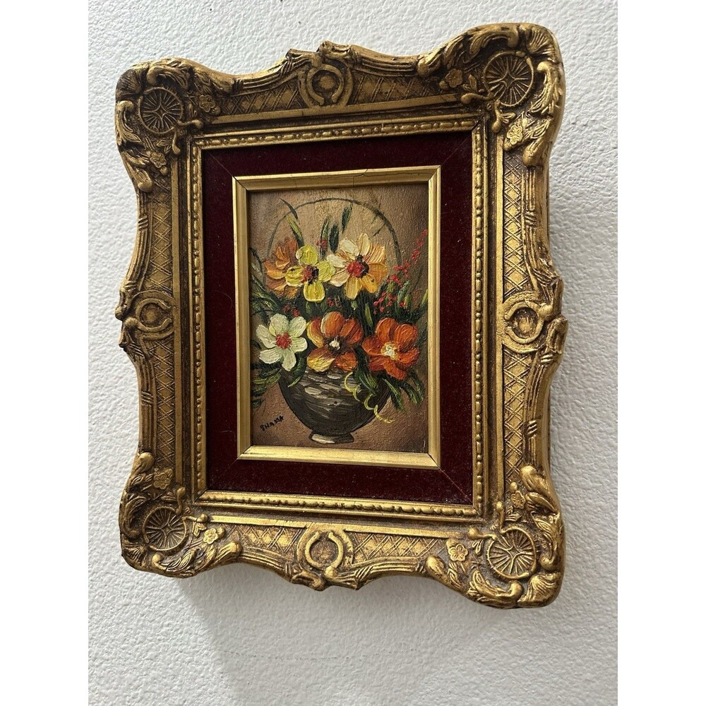 Original Oil Painting Framed Florals Signed Solid Gold Color Wood Frame
